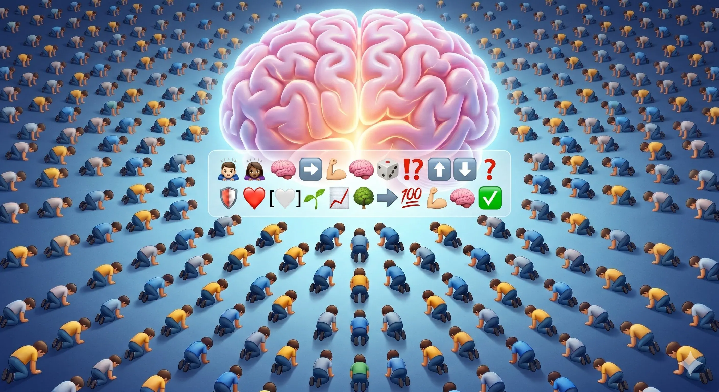 Large glowing brain above kneeling people with a symbolic emoji strip