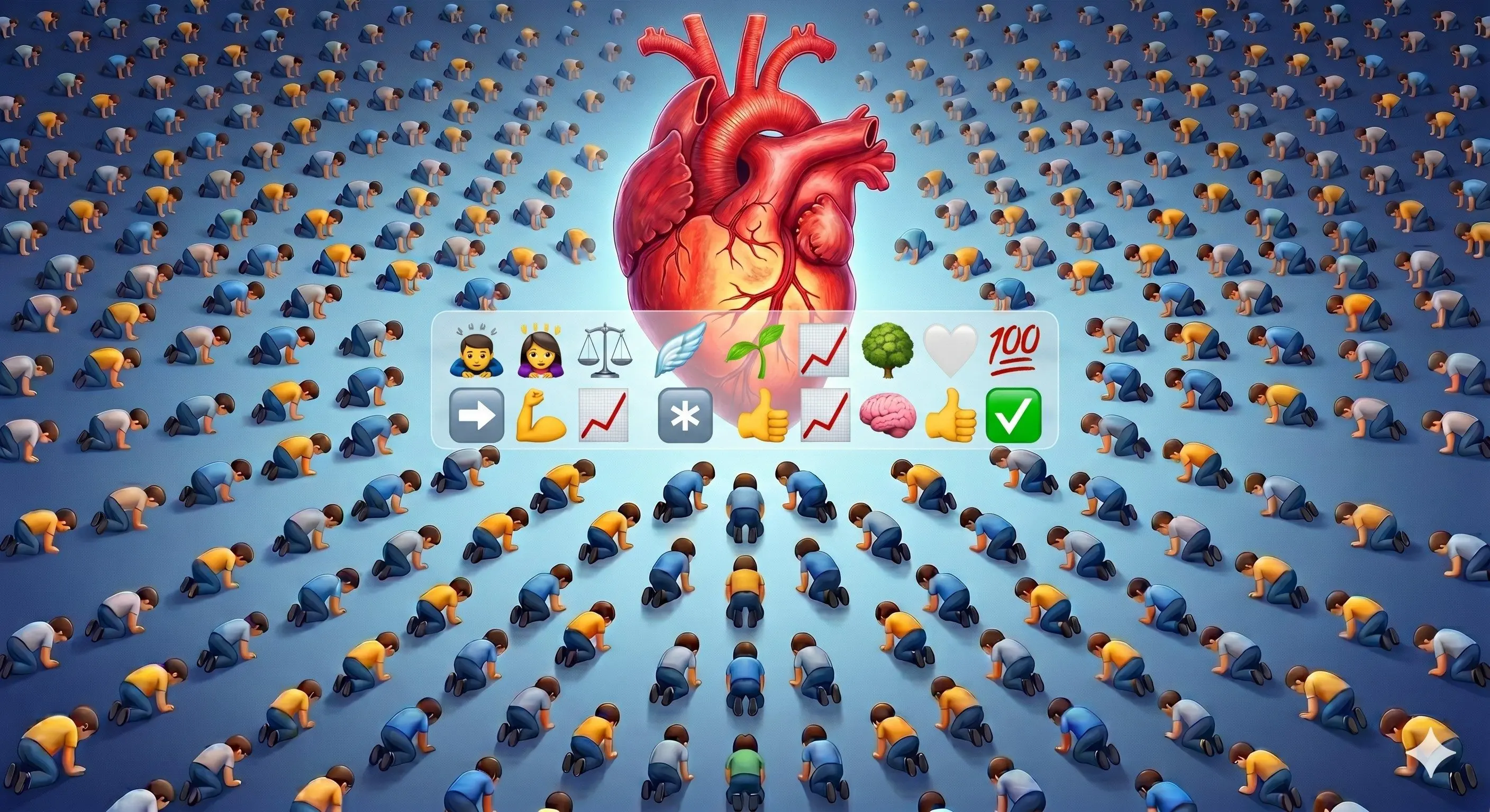 Large anatomical heart above kneeling people with a symbolic emoji strip