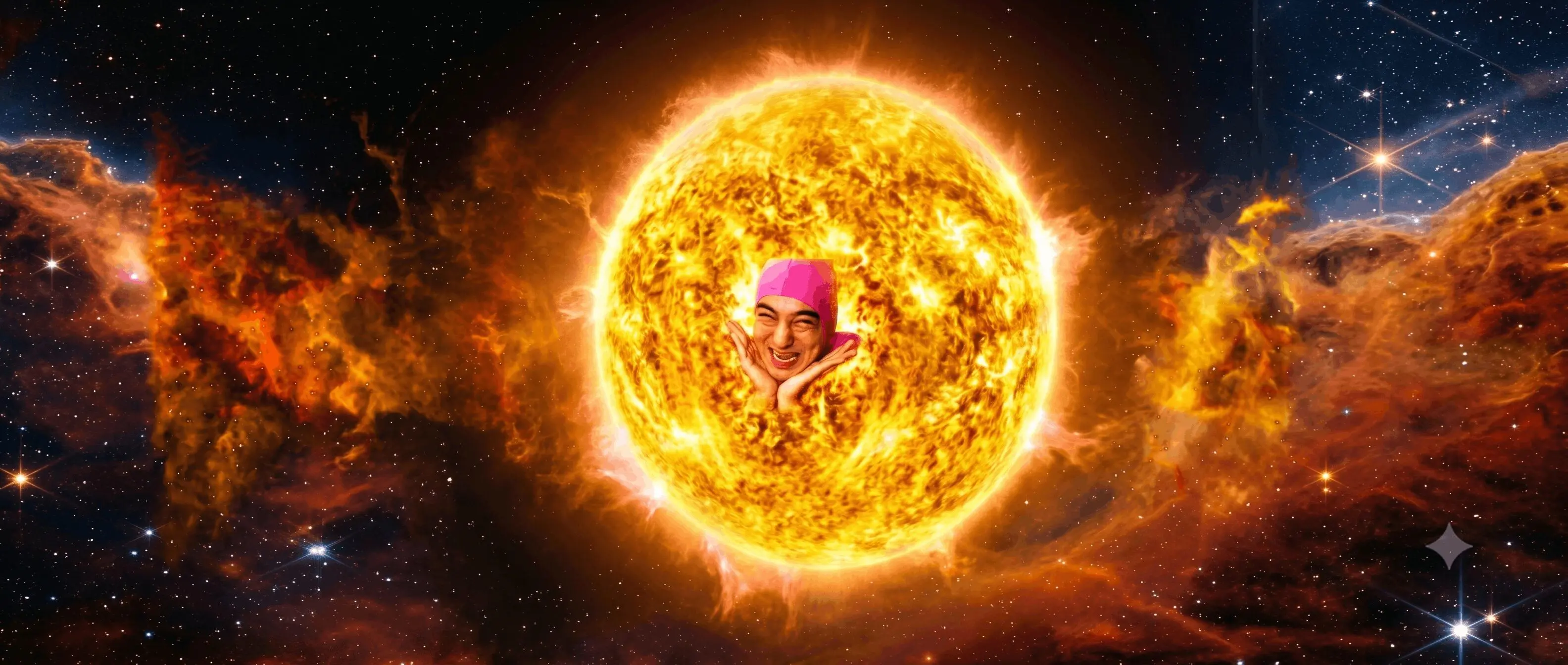 Pink guy appears in a cosmic scene with bright golden and pink tones